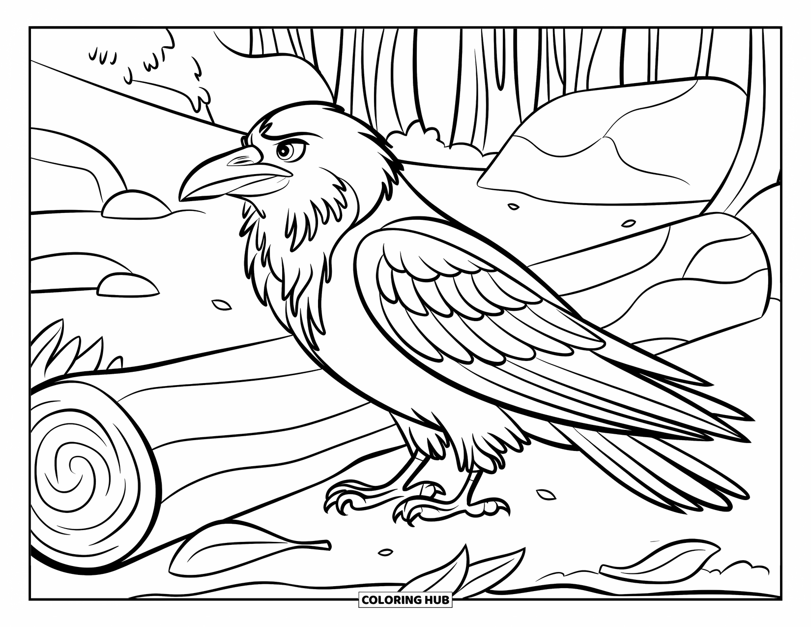Raven Coloring Page for Kids: A curious raven rests near a log with trees and scattered leaves around