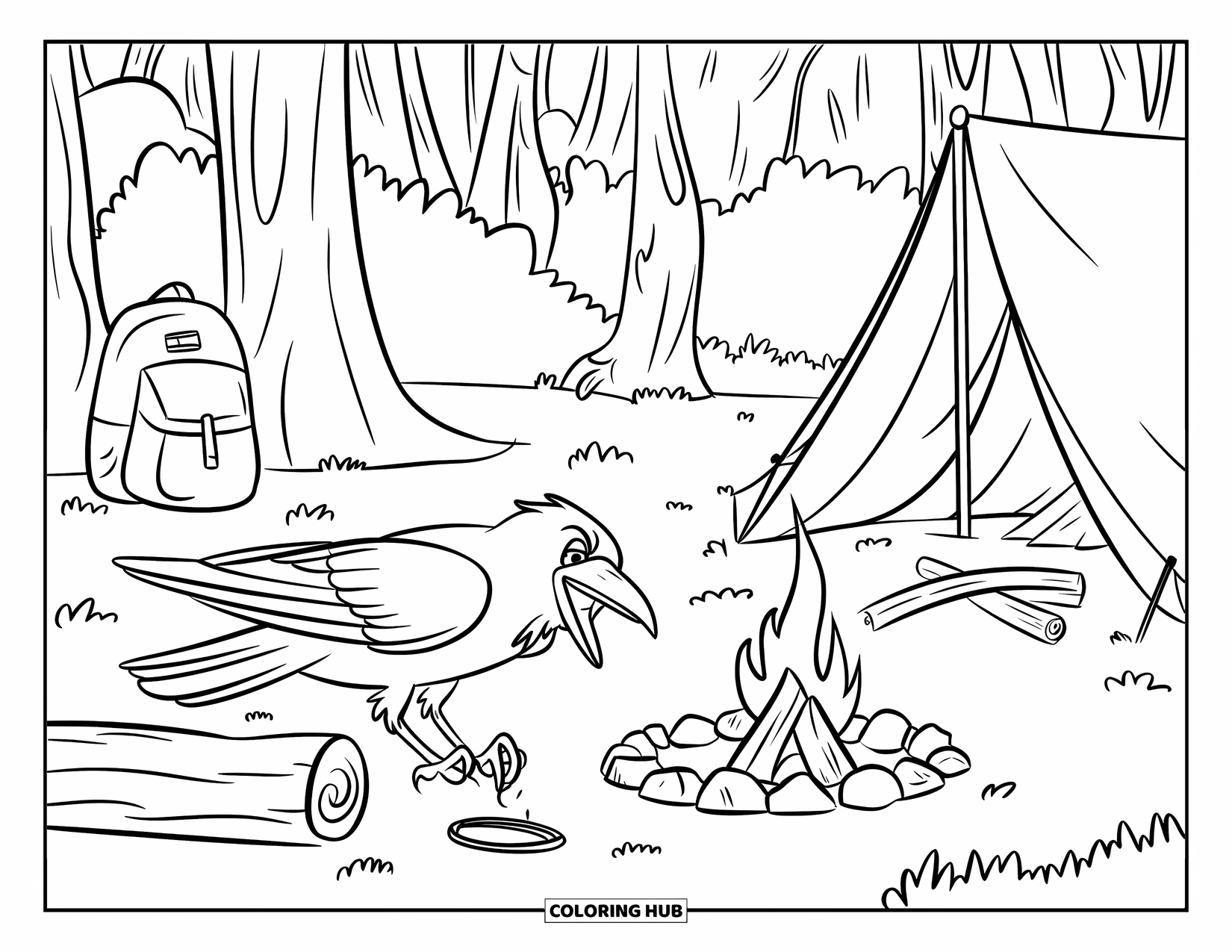Raven Coloring Page for Kids: A raven finds a ring beside a quiet, abandoned campsite
