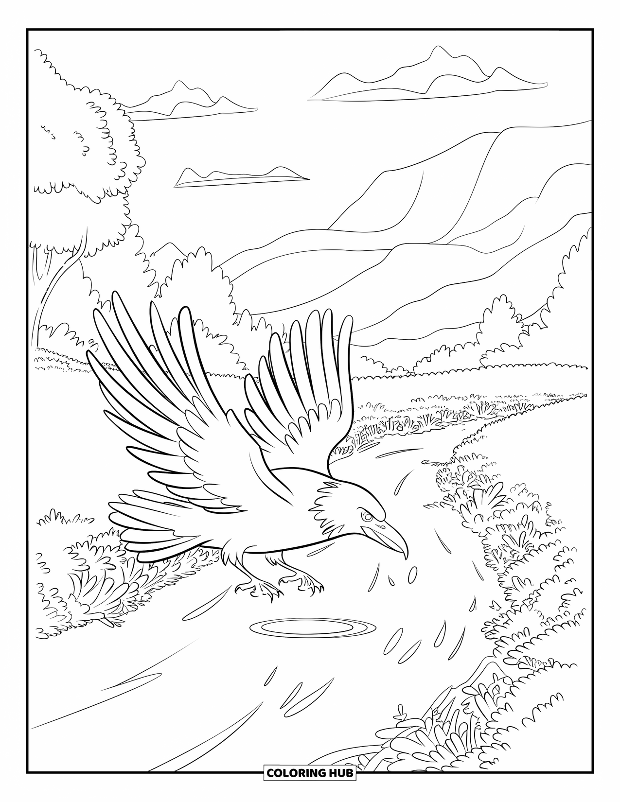 Raven Coloring Page for Kids: A raven flies low over a stream surrounded by trees and clouds