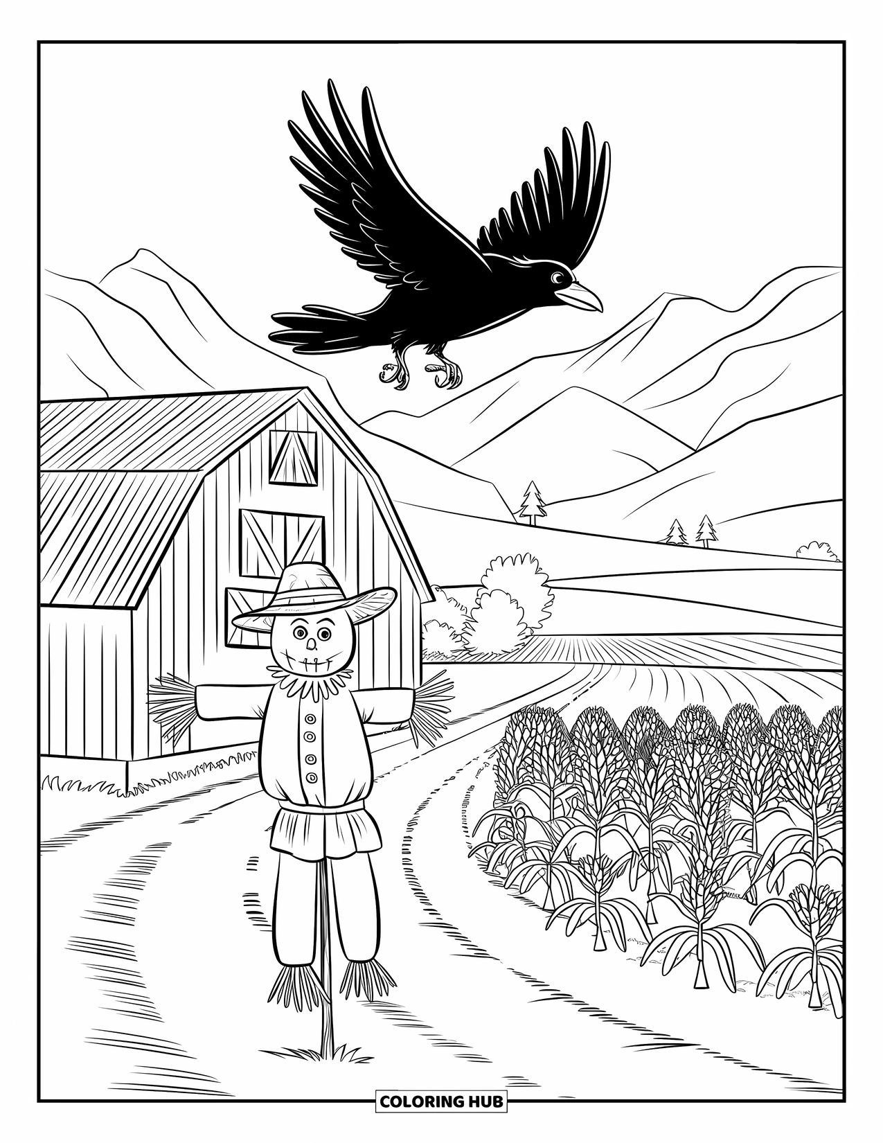 Raven Coloring Page for Kids: A raven glides above a dirt road and scarecrow near distant mountains
