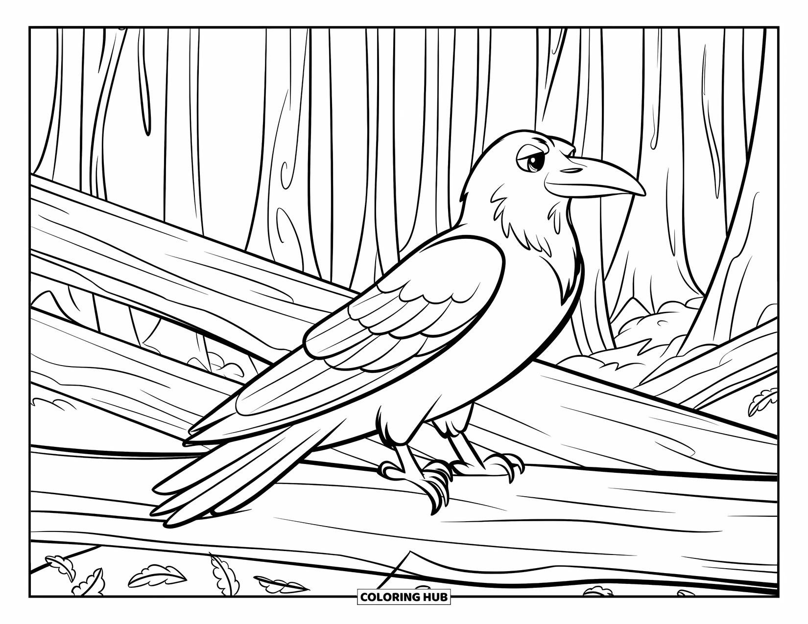 Raven Coloring Page for Kids: A raven perches in a forest filled with fallen logs and leaves
