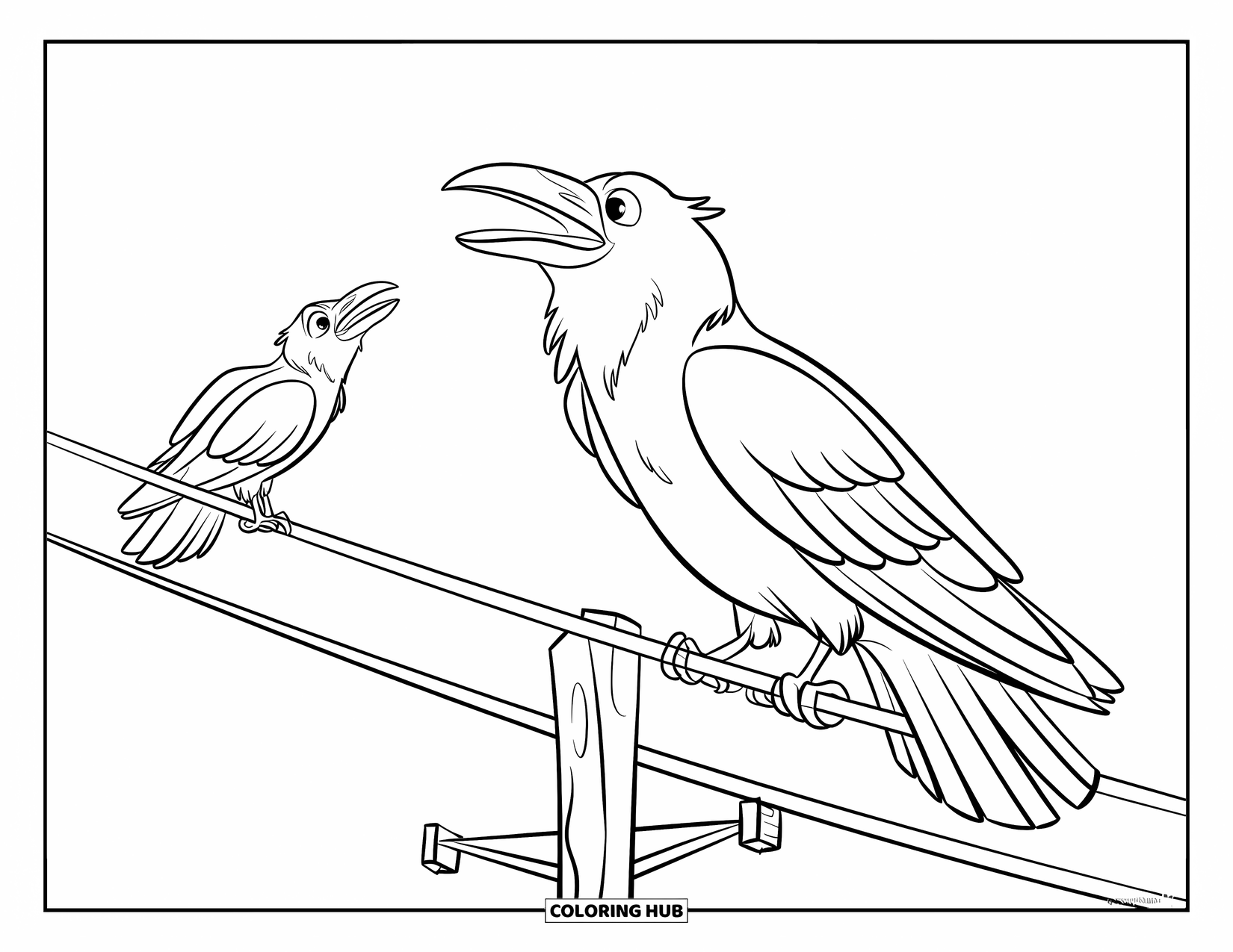Raven Coloring Page for Kids: A raven perches on a pole under an open, empty sky