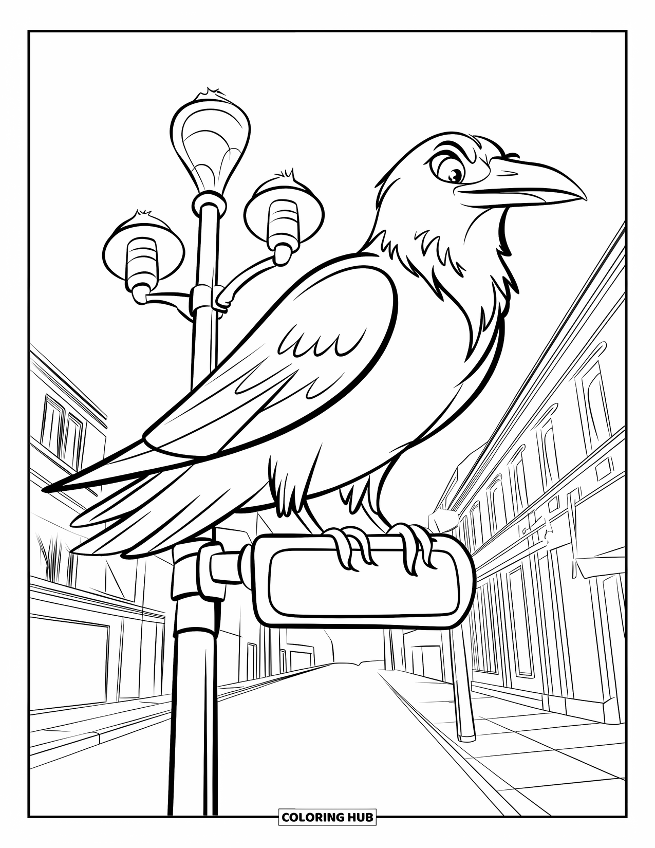 Raven Coloring Page for Kids: A raven perches on a streetlight, watching the quiet street below