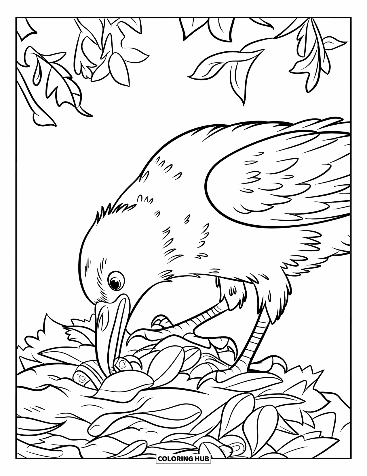 Raven Coloring Page for Kids: A raven searches a messy pile of leaves for a tiny insect