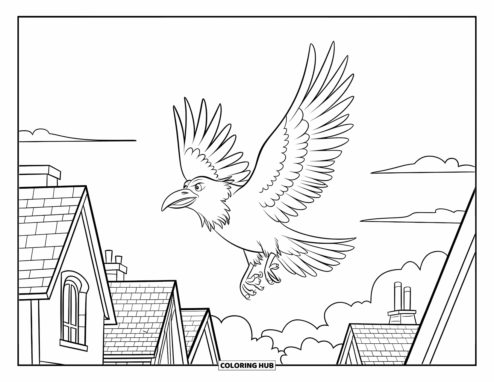 Raven Coloring Page for Kids: A raven soars between red-roofed houses with chimneys under a bright sky