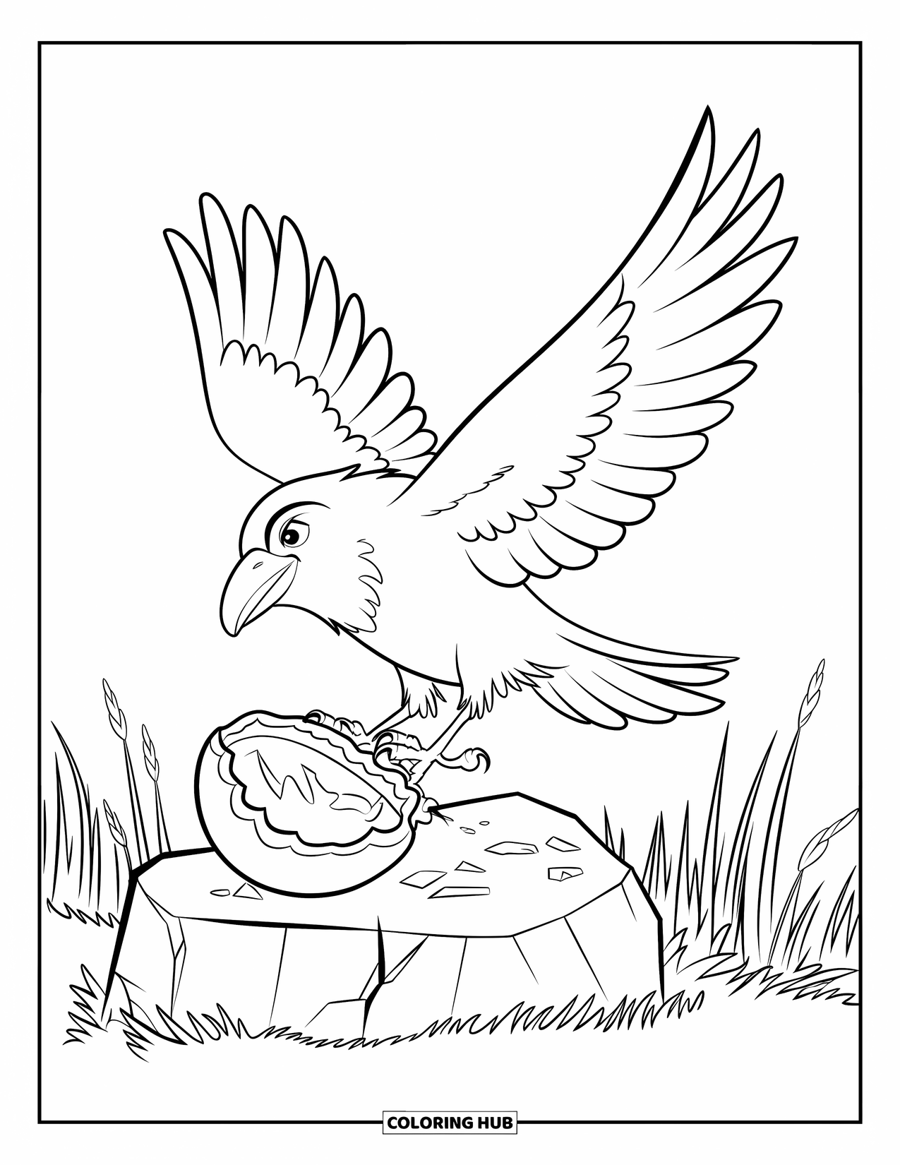Raven Coloring Page for Kids: A raven touches down near a cracked nut in a grassy clearing