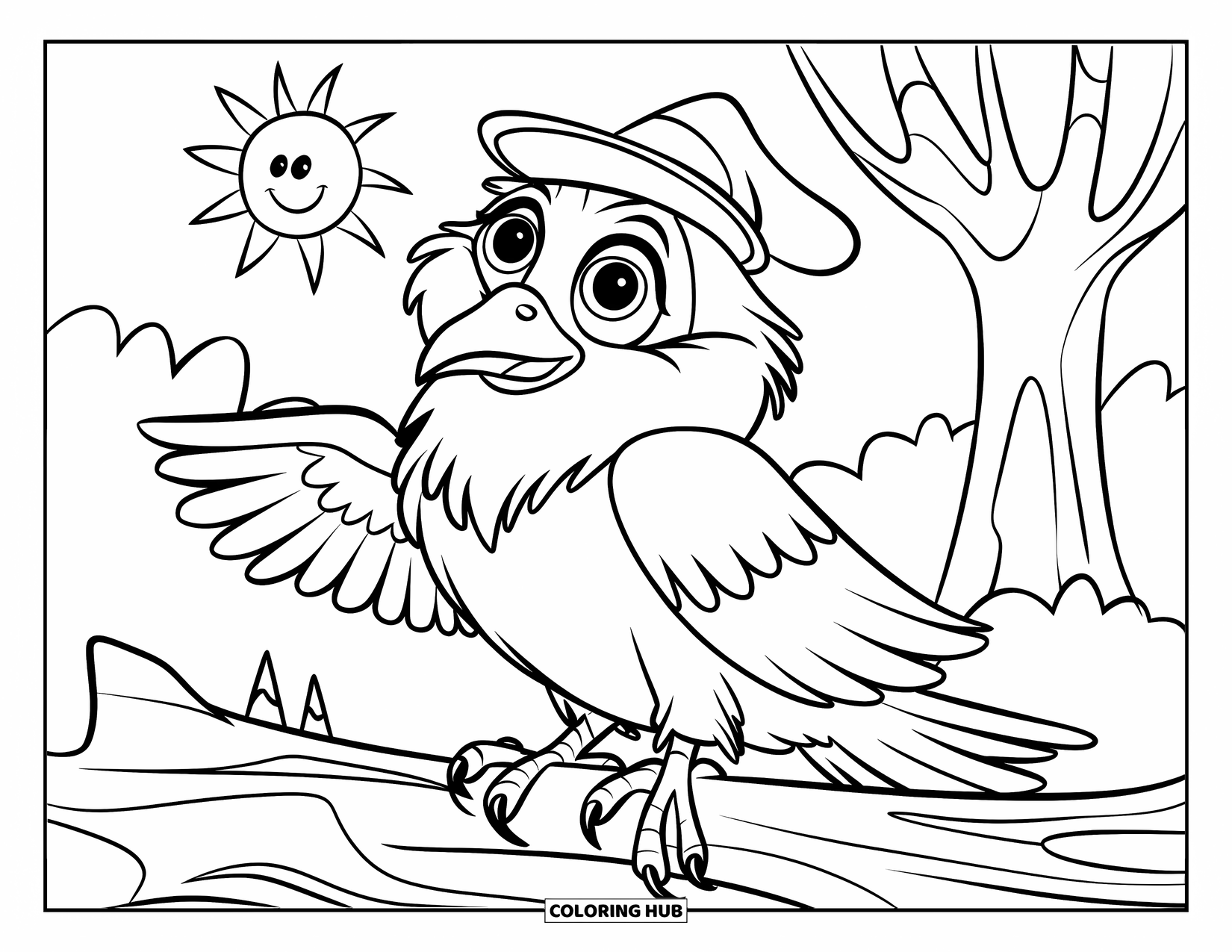 Raven Coloring Page for Kids: A smiling raven in a hat sits on a log with a sunny sky