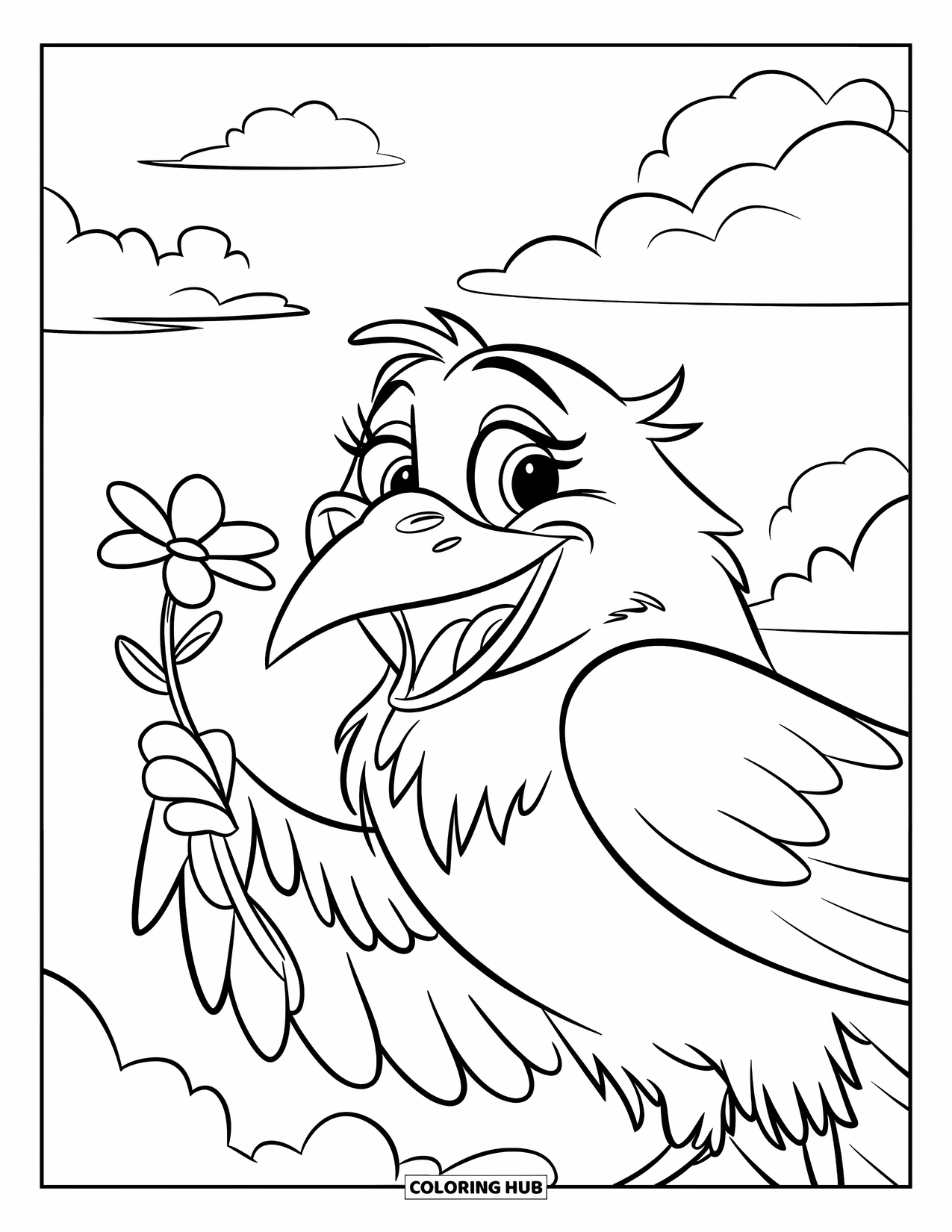 Raven Coloring Page for Kids: A smiling raven with big eyes holds a flower in its beak