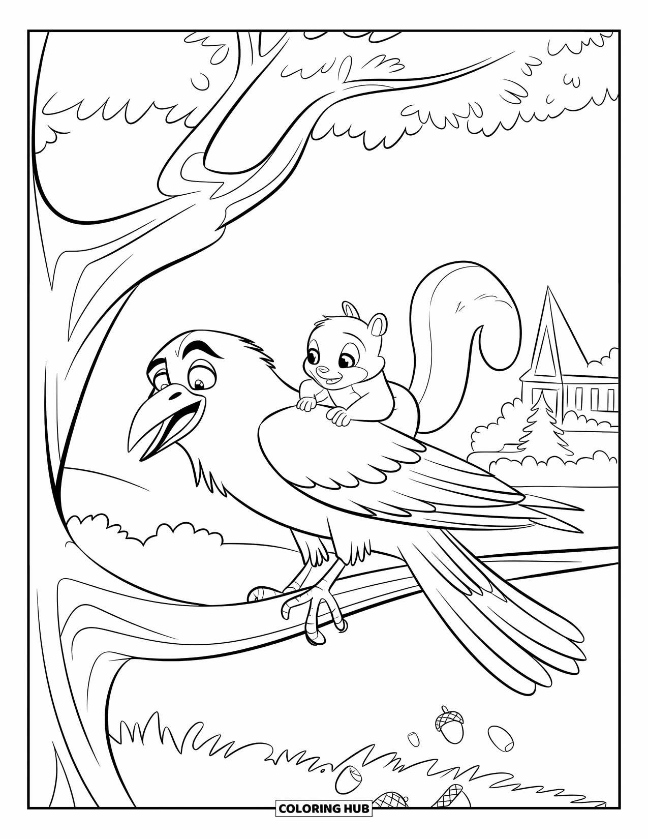 Raven Coloring Page for Kids: A squirrel clings to a raven's back while holding a nut