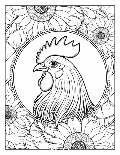 Desenho de galo para colorir para adultos: Galo coroado em uma mandala de girassóis com contornos marcantes