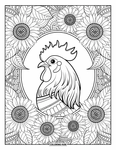 Desenho de galo para colorir para adultos: Galo coroado com gravata emoldurado por girassóis detalhados e folhas