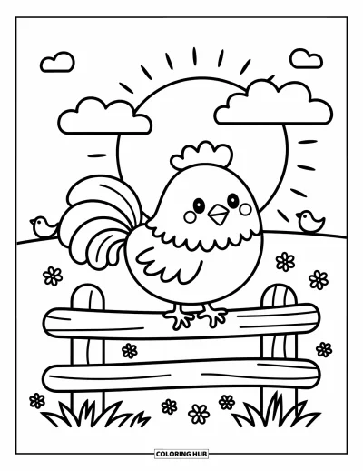 Desenho de galo para colorir para adultos: Galo simpático sentado em uma cerca de madeira enquanto pássaros espreitam e nuvens flutuam