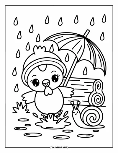 Desenho de galo para colorir para adultos: Galo feliz esguicha em pocinhas com gotinhas de chuva, um caracol e um guarda-chuva de folha
