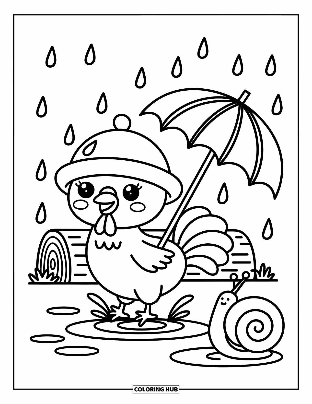 Rooster Coloring Page for Adults: Joyful rooster jumps in puddles beside a snail and a leaning leaf umbrella