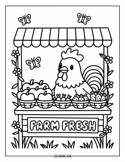 Desenho de galo para colorir para adultos: Galo kawaii gerencia uma banca quentinha cheia de maçãs, cenouras e morangos