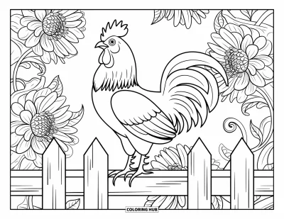 Desenho de galo para colorir para adultos: Galo empoleirado em uma cerca envelhecida com dálias florindo ao redor