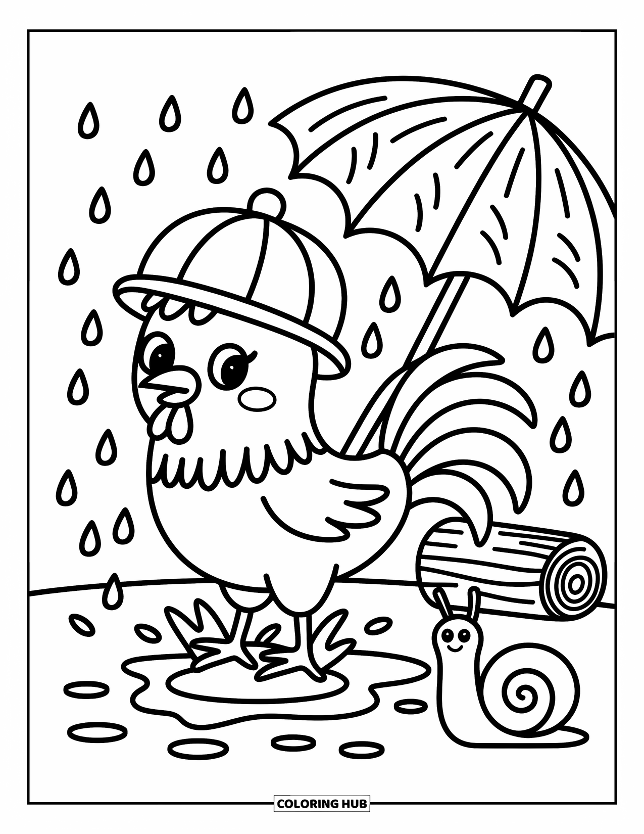 Rooster Coloring Page for Adults: Rainy-day rooster plays in puddles with a snail and cozy little log