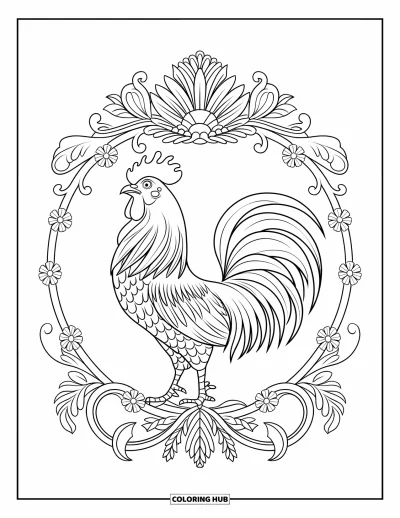 Desenho de galo para colorir para adultos: Galo canta dentro de um círculo floral cheio de folhas enroladas