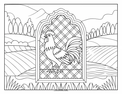Desenho de galo para colorir para adultos: Galo em uma janela no estilo fazenda rodeado por vidros com padrões e colinas ao fundo