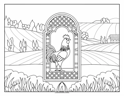 Desenho de galo para colorir para adultos: Galo dentro de uma janela de casa de fazenda com grades e paisagem rural tranquila