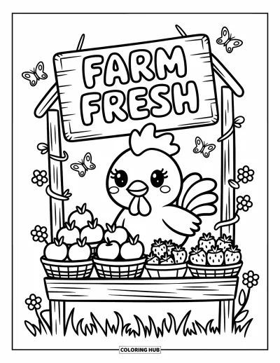 Desenho de galo para colorir para adultos: Galo cuida de uma pequena banca de frutas com borboletas acima e flores ao redor