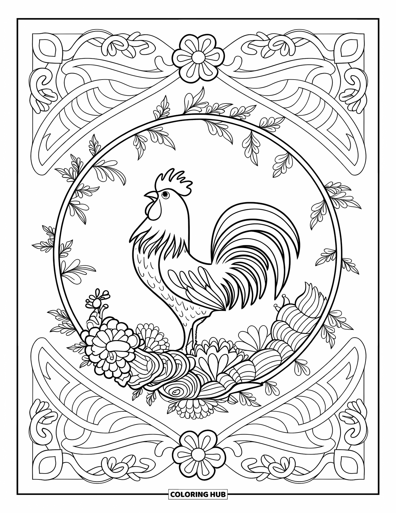 Rooster Coloring Page for Adults: Rooster mid-crow inside a vine-filled circle with flowers and pattern work