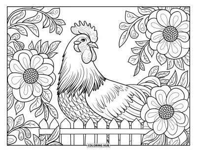 Desenho de galo para colorir para adultos: Galo em uma cerca rodeado por dálias em espiral e padrões florais com folhas