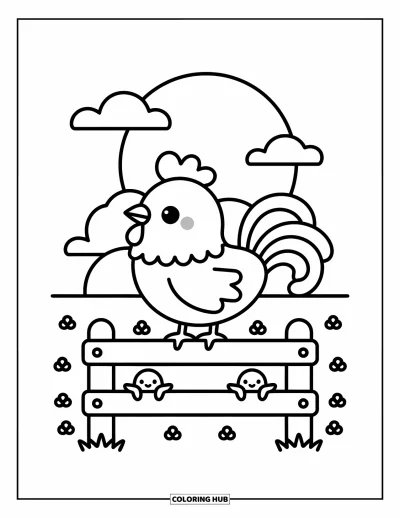 Desenho de galo para colorir para adultos: Galo em uma cerca observa o nascer do sol com pássaros e flores por perto