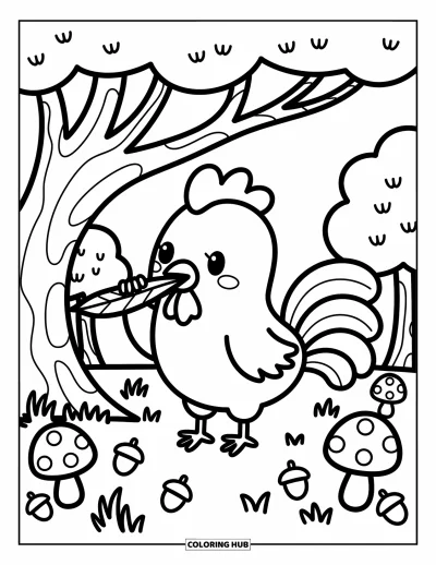 Desenho de galo para colorir para adultos: Galo toca uma flauta de folha sob uma árvore com cogumelos e bolotas ao redor