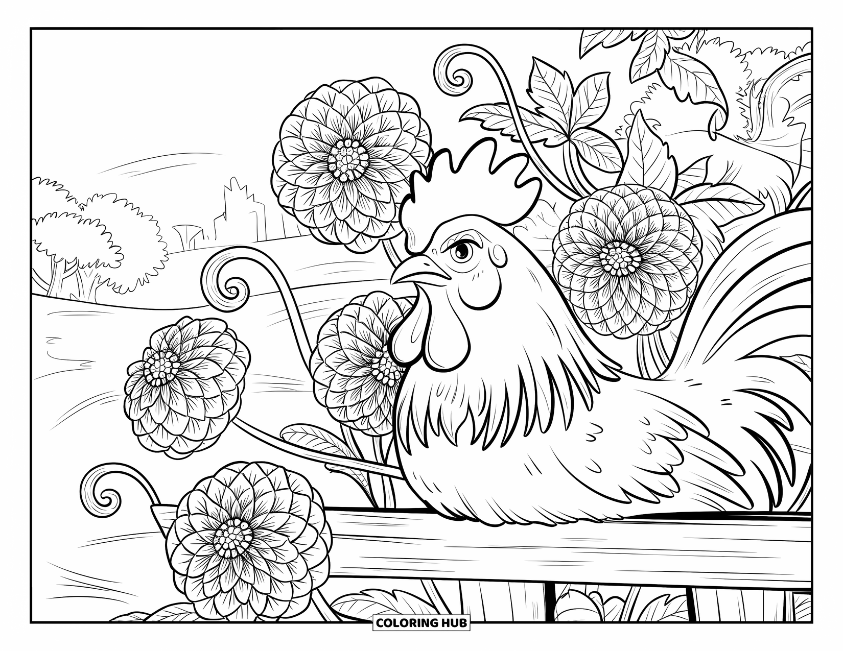 Rooster Coloring Page for Adults: Rooster relaxes on a fence beneath detailed dahlias and leafy mandala shapes
