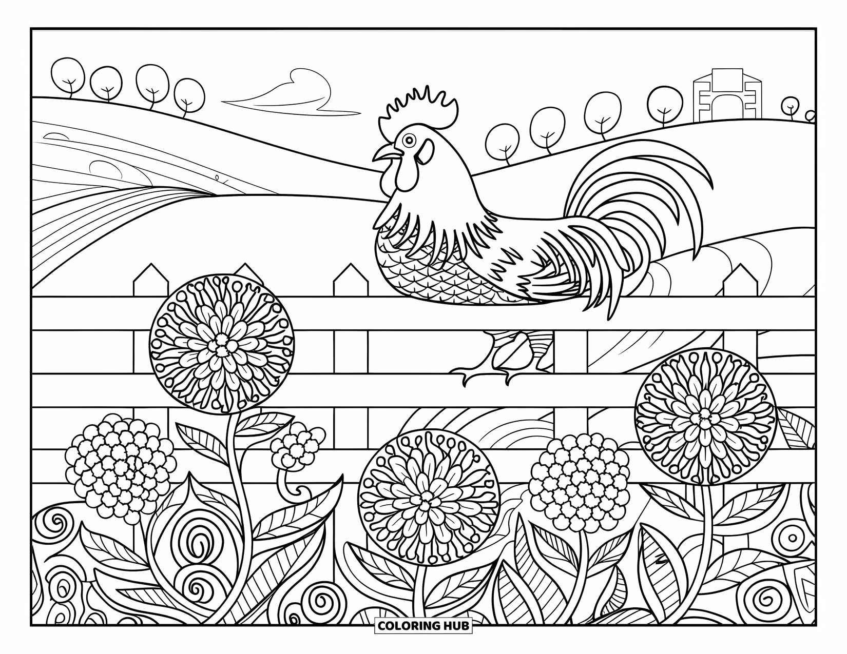 Rooster Coloring Page for Adults: Rooster rests on a fence surrounded by blooming dahlias and curling leaves