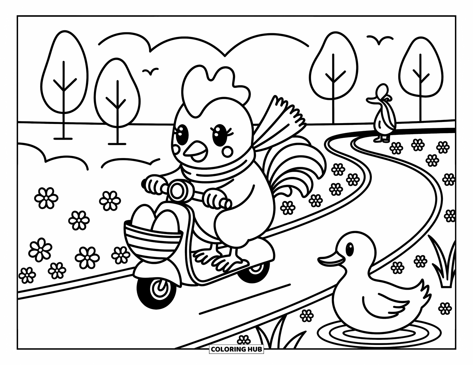 Rooster Coloring Page for Adults: Rooster rides a scooter with eggs in front while a duck watches from a pond