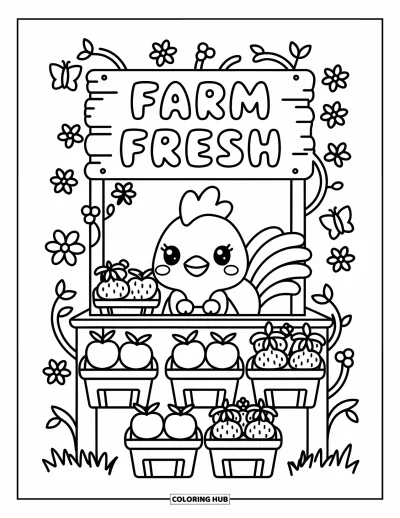Desenho de galo para colorir para adultos: Galo administra uma banca com maçãs, cenouras e morangos sob uma placa "Farm Fresh"