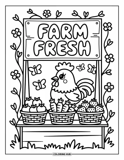 Desenho de galo para colorir para adultos: Galo vende frutas e legumes em uma banca pequena com trepadeiras floridas e borboletas