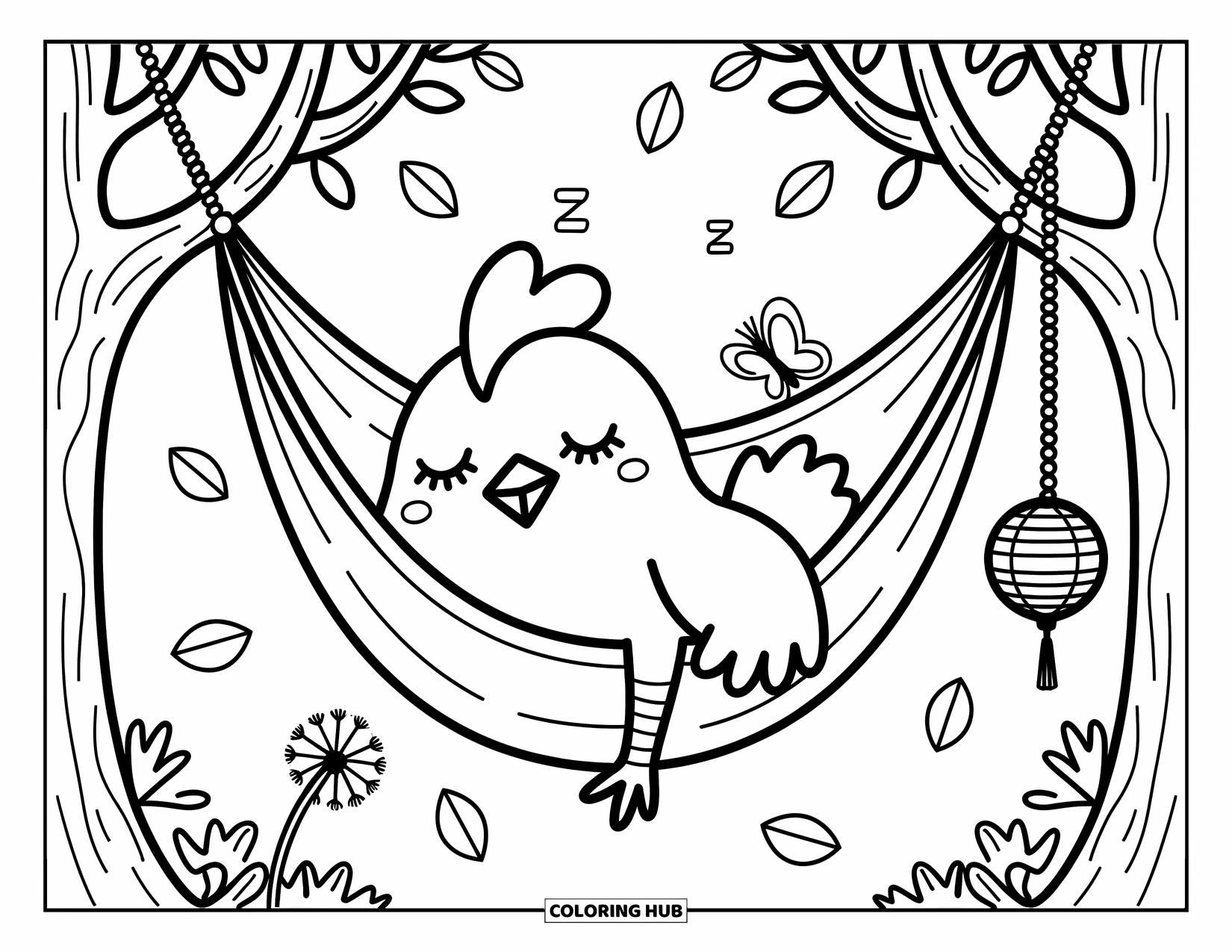 Rooster Coloring Page for Adults: Rooster snoozes peacefully in a hammock between two trees with gentle details around