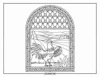 Desenho de galo para colorir para adultos: Galo abre as asas dentro de uma janela de vitral com vista para o campo