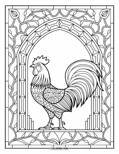 Desenho de galo para colorir para adultos: Galo dentro de painéis de vitral com padrões de trepadeiras e folhas