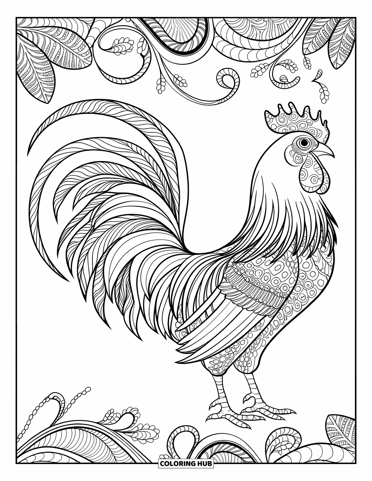Rooster Coloring Page for Adults: Rooster with flowing tail blends into swirling paisleys and climbing vines