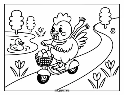 Desenho de galo para colorir para adultos: Galo passa veloz por flores e árvores de lambreta com ovos na cesta