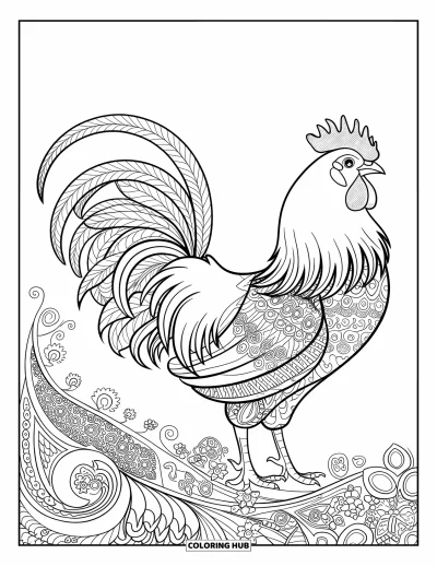 Desenho de galo para colorir para adultos: As penas do galo se transformam em padrões de paisley e desenhos de trepadeiras