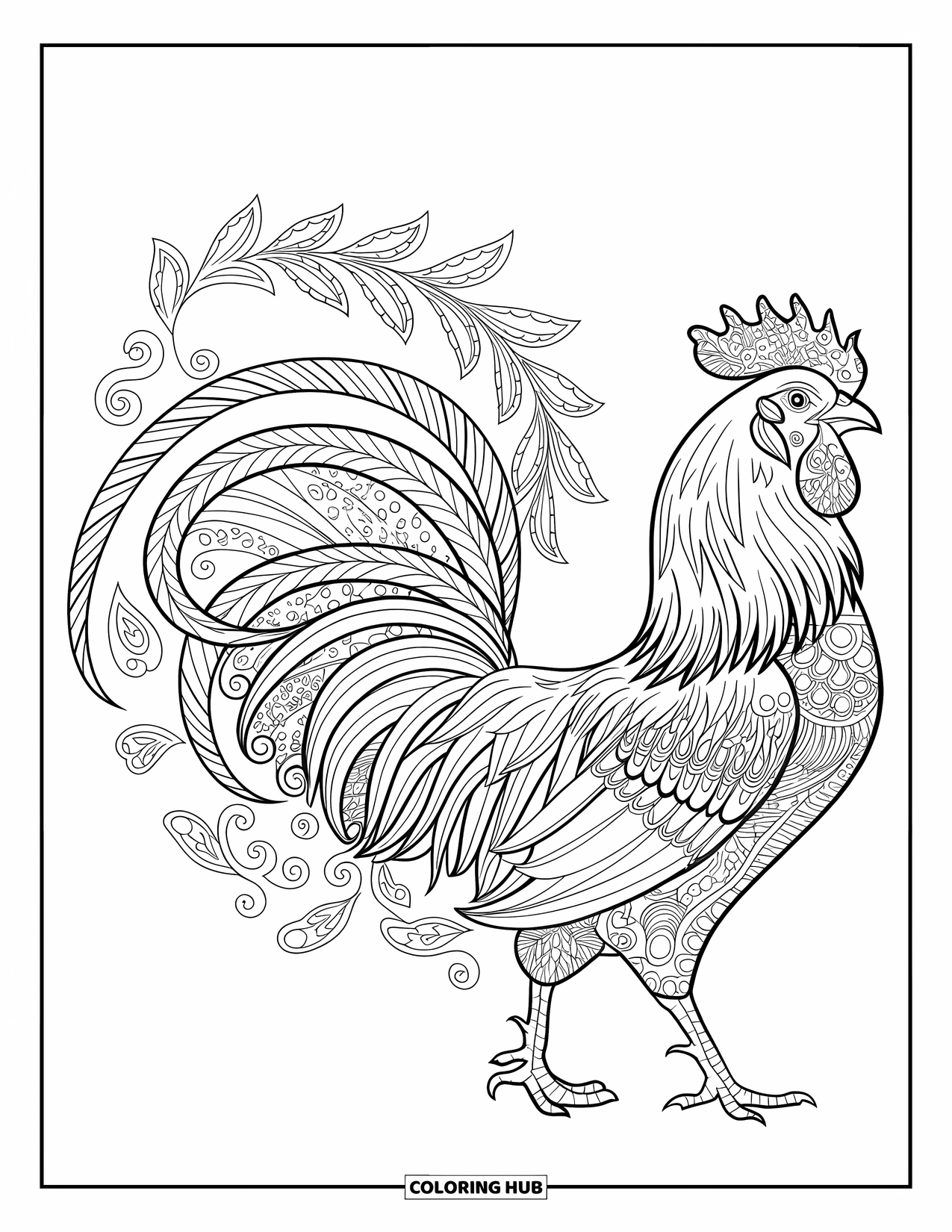 Rooster Coloring Page for Adults: Rooster's tail feathers blend into intricate paisleys and spiraling vines