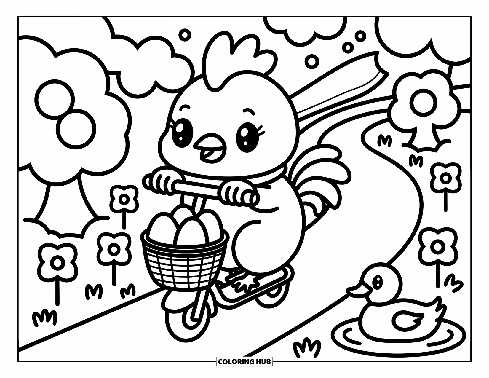 Rooster Coloring Page for Adults: Scarf-wearing rooster zooms by on a scooter as a duck peeks from the pond