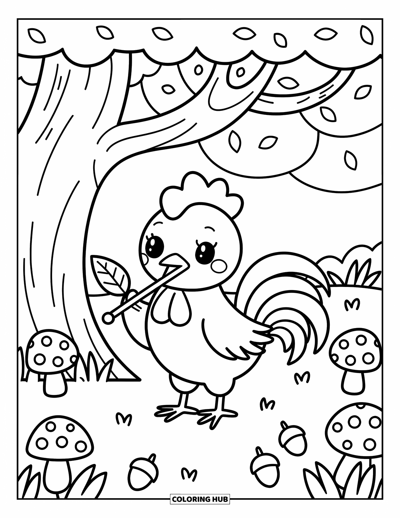 Rooster Coloring Page for Adults: Whimsical rooster under a round tree plays a flute-leaf near mushrooms and acorns