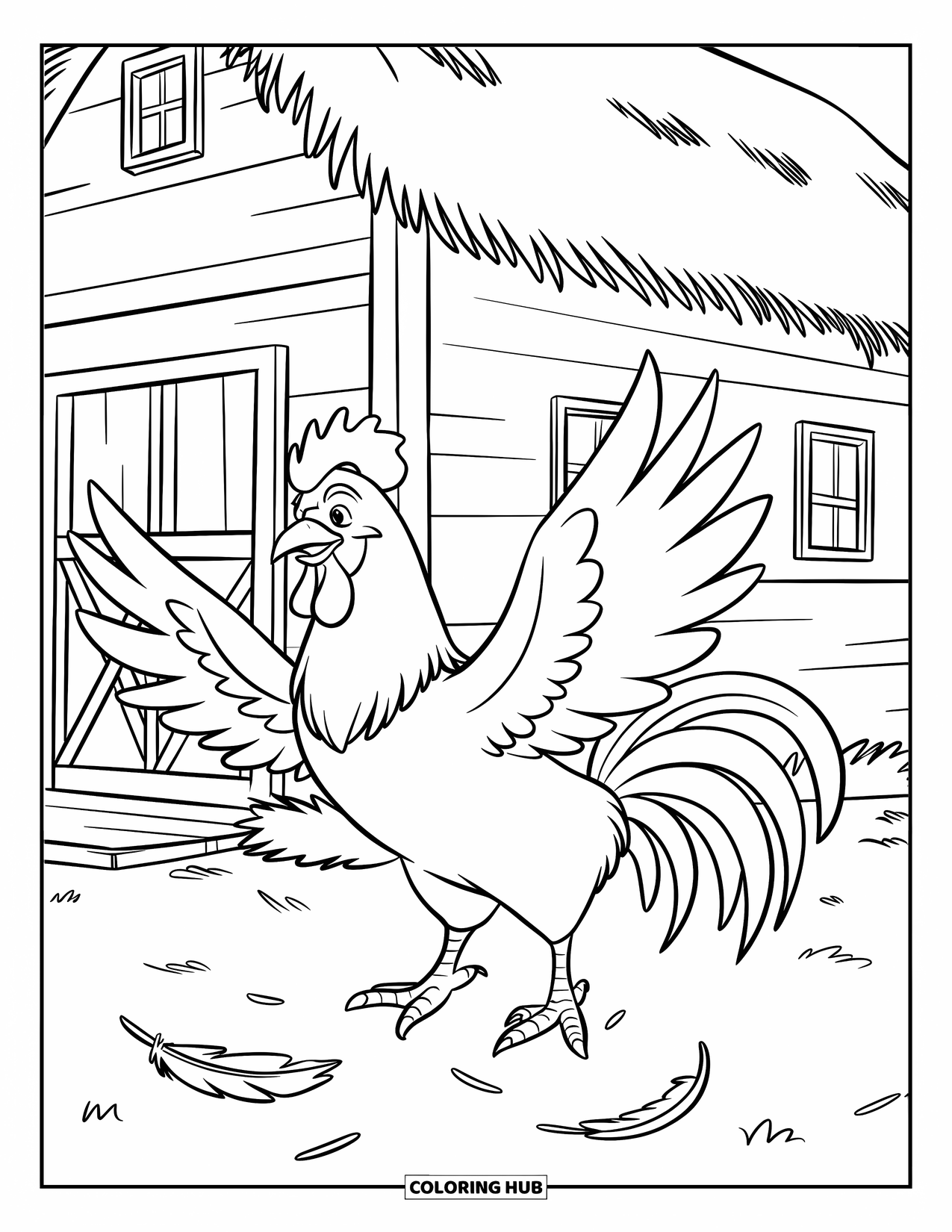 Rooster Coloring Page for Kids: A cheerful rooster flaps its wings near a cozy barn with straw and windows