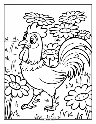 Desenho de galo para colorir para crianças: Um galo charmoso passeia por um campo de margaridas gigantes