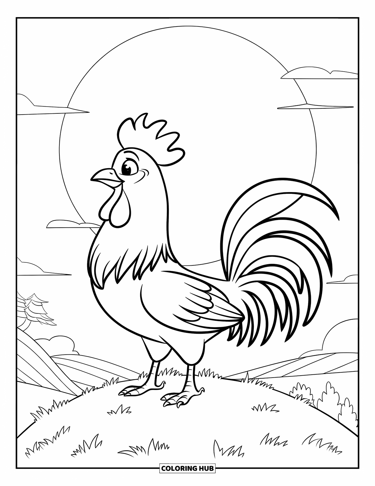 Rooster Coloring Page for Kids: A happy rooster stands on a hill with a bright sun behind