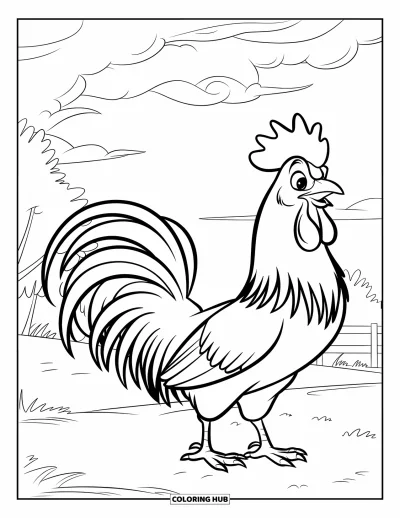 Desenho de galo para colorir para crianças: Um galo majestoso sob um céu parcialmente nublado com árvores ao redor