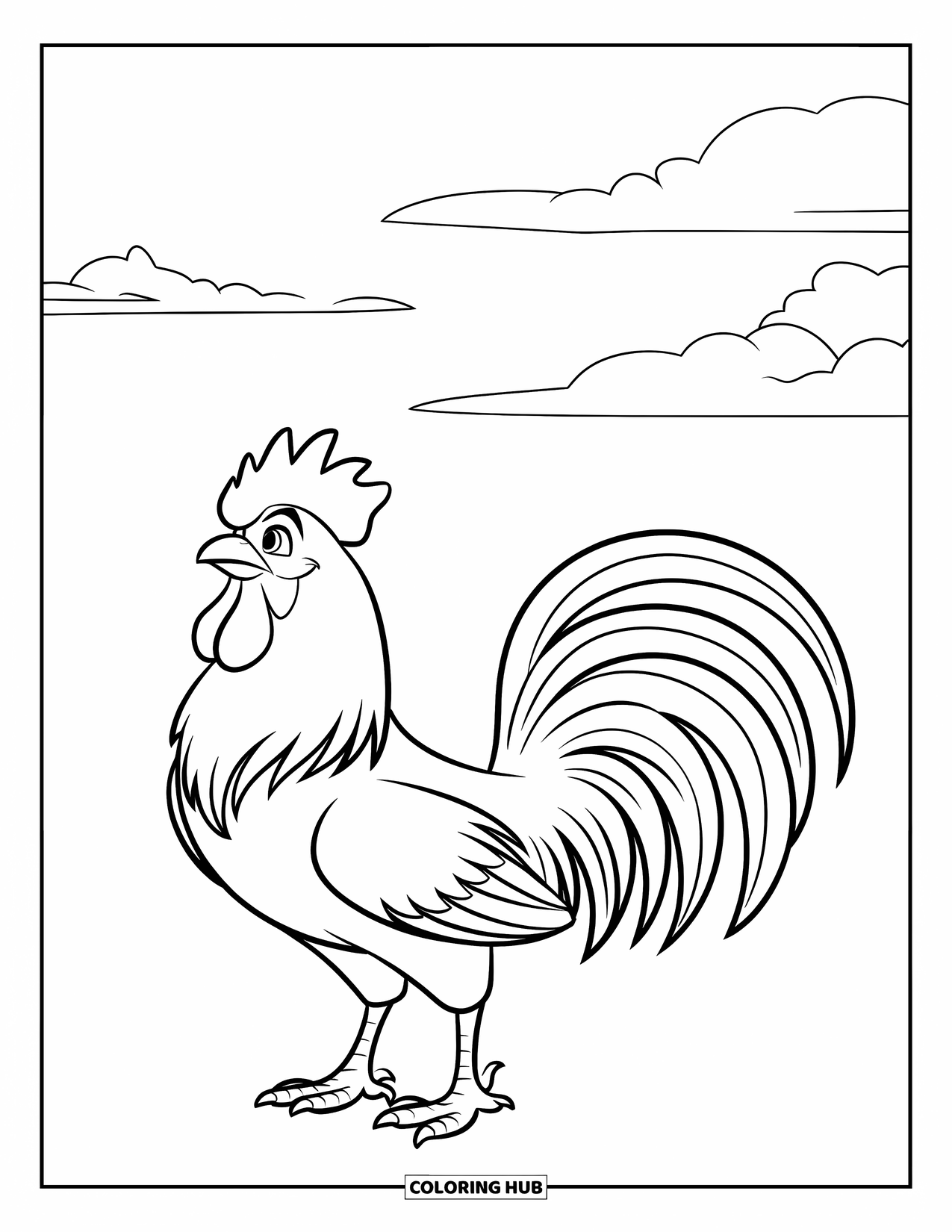 Rooster Coloring Page for Kids: A proud rooster under cloudy skies with its tail feathers flared