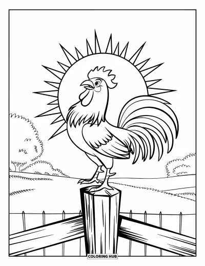 Desenho de galo para colorir para crianças: Um galo canta em um poste alto com o sol brilhando atrás