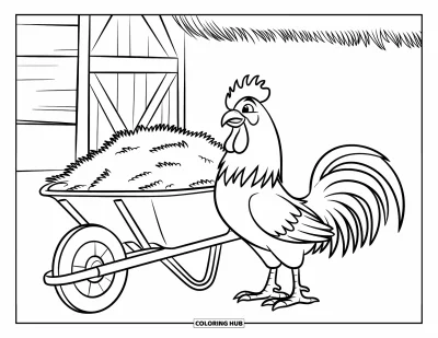 Desenho de galo para colorir para crianças: Um galo ao lado de um carrinho de mão cheio de feno perto de um celeiro